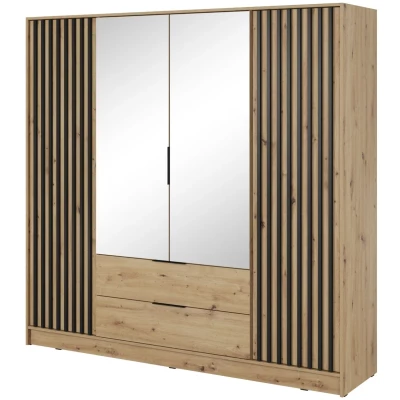 Viertüriger Kleiderschrank mit Spiegel MARFA – Breite 206 cm, Eiche handwerklich/schwarz