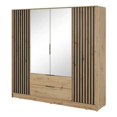 Viertüriger Kleiderschrank mit Spiegel MARFA – Breite 206 cm, Eiche handwerklich/schwarz
