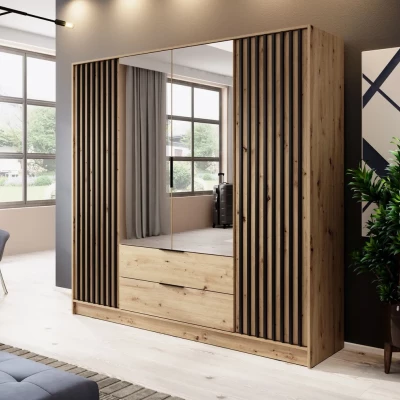 Viertüriger Kleiderschrank mit Spiegel MARFA – Breite 206 cm, Eiche handwerklich/schwarz