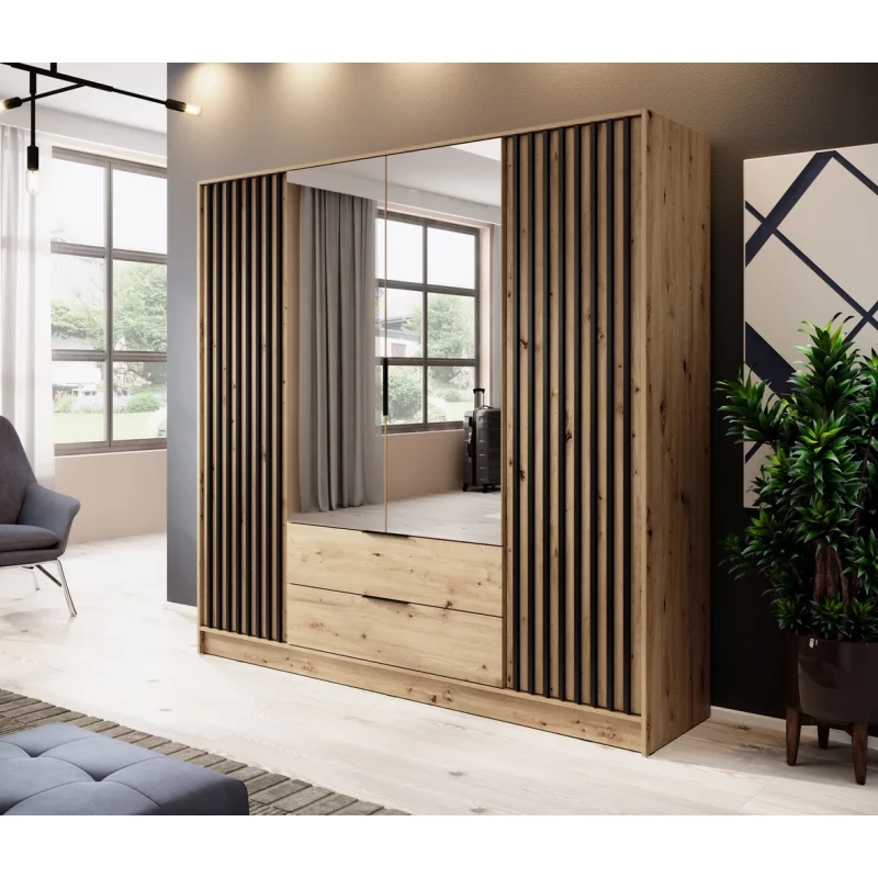 Viertüriger Kleiderschrank mit Spiegel MARFA – Breite 206 cm, Eiche handwerklich/schwarz