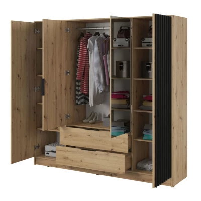 Viertüriger Kleiderschrank mit Spiegel MARFA – Breite 206 cm, Eiche handwerklich/schwarz