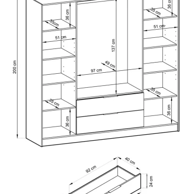 Viertüriger Kleiderschrank mit Spiegel MARFA – Breite 206 cm, Eiche handwerklich/schwarz