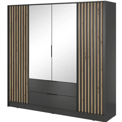Viertüriger Kleiderschrank mit Spiegel MARFA – Breite 206 cm, Graphit/Eiche handwerklich gefertigt