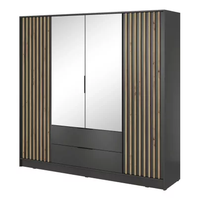 Viertüriger Kleiderschrank mit Spiegel MARFA – Breite 206 cm, Graphit/Eiche handwerklich gefertigt
