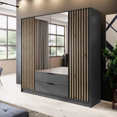 Viertüriger Kleiderschrank mit Spiegel MARFA – Breite 206 cm, Graphit/Eiche handwerklich gefertigt