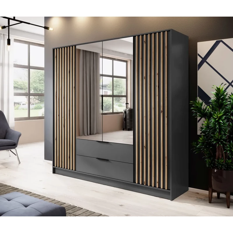 Viertüriger Kleiderschrank mit Spiegel MARFA – Breite 206 cm, Graphit/Eiche handwerklich gefertigt