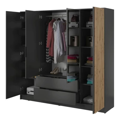 Viertüriger Kleiderschrank mit Spiegel MARFA – Breite 206 cm, Graphit/Eiche handwerklich gefertigt