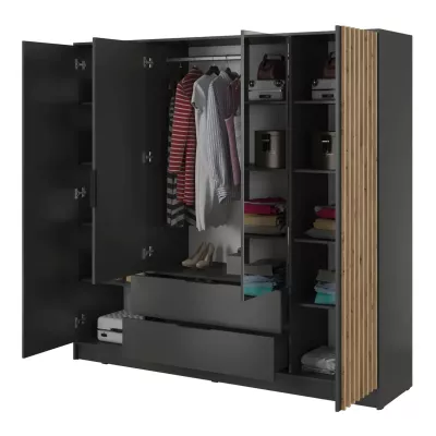 Viertüriger Kleiderschrank mit Spiegel MARFA – Breite 206 cm, Graphit/Eiche handwerklich gefertigt