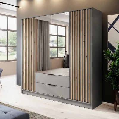 Viertüriger Kleiderschrank mit Spiegel MARFA – Breite 206 cm, Grau/Eiche handwerklich.