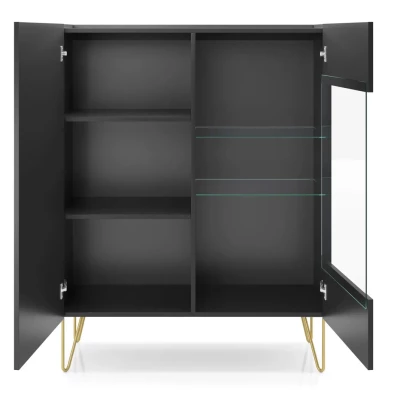 Vitrine mit Glasteil DEVIKA - schwarzer Graphit / schwarzer Marmor