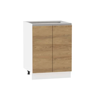 Unterer zweitüriger Schrank ADAMA - Breite 60 cm, Hickory natur/weiß, silberner Griff, Beine 10 cm