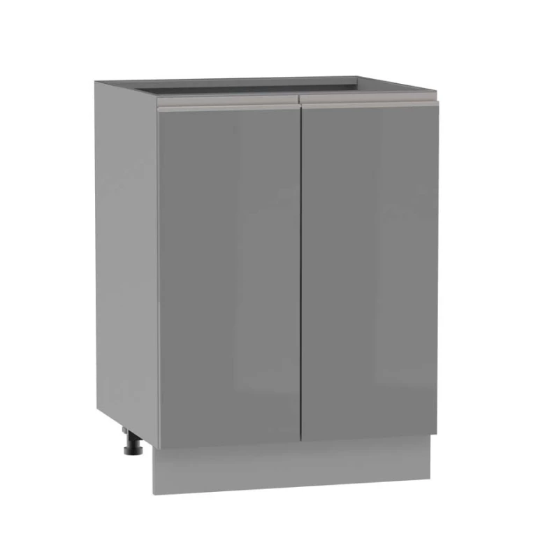 Unterer zweitüriger Schrank ADAMA - Breite 60 cm, glänzend grau / grau, silberner Griff, Beine 10 cm