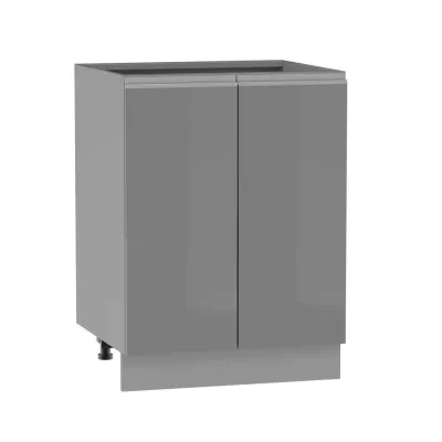 Unterer zweitüriger Schrank ADAMA - Breite 60 cm, glänzend grau / grau, silberner Griff, Beine 10 cm
