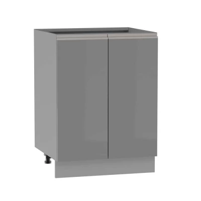 Unterer zweitüriger Schrank ADAMA - Breite 60 cm, glänzend grau / grau, silberner Griff, Beine 15 cm