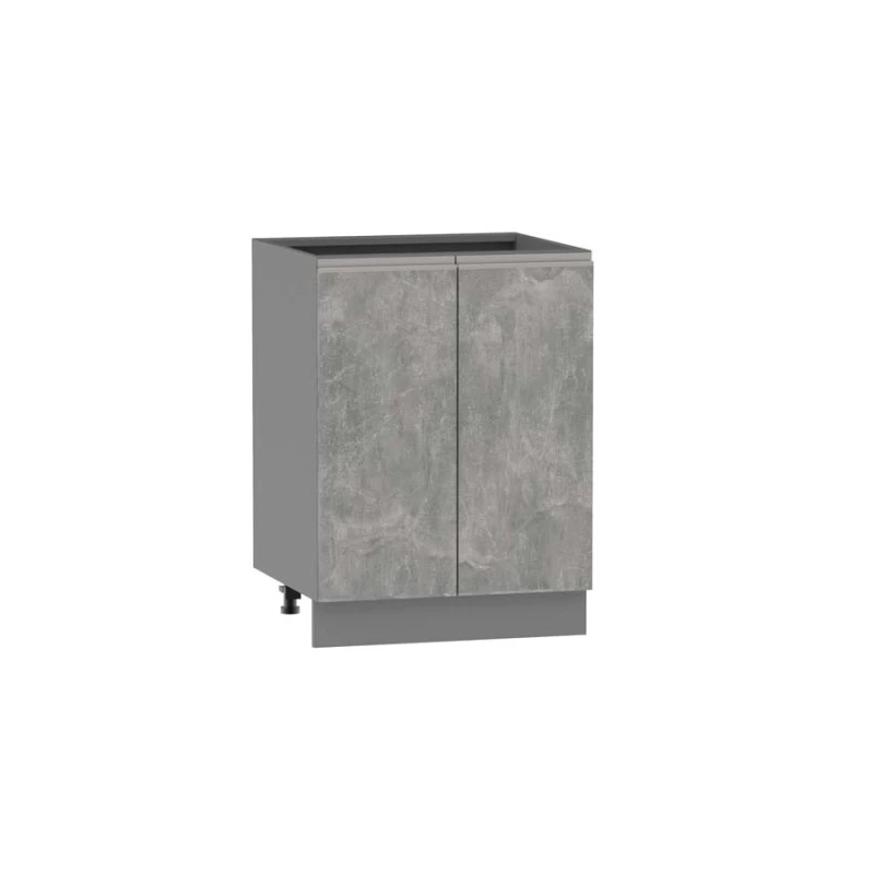 Unterer zweitüriger Schrank ADAMA – Breite 60 cm, Atelierbeton hell/grau, silberner Griff, Beine 15 cm