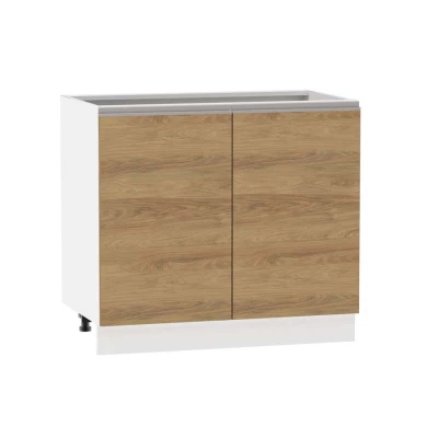 Zweitüriger Schrank mit Regal ADAMA - Breite 90 cm, Hickory natur/weiß, silberner Griff, Beine 10 cm