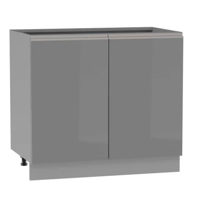 Zweitüriger Schrank mit Regal ADAMA - Breite 90 cm, Hochglanzgrau/Grau, silberner Griff, Beine 10 cm