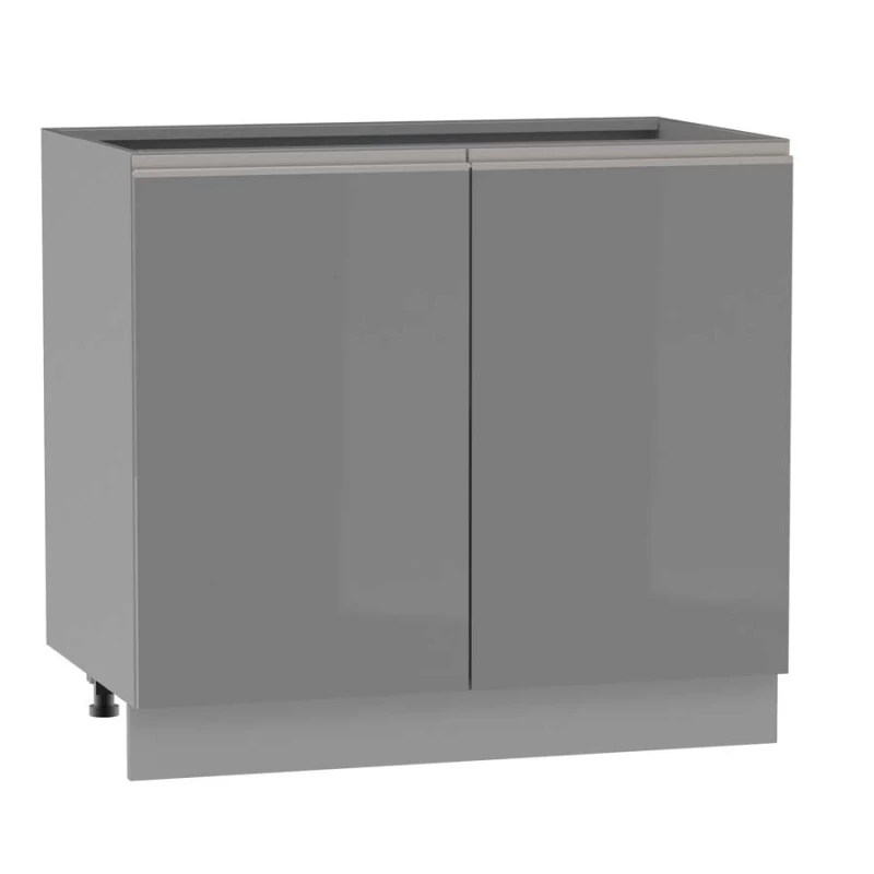 Zweitüriger Schrank mit Regal ADAMA - Breite 90 cm, Hochglanzgrau/Grau, silberner Griff, Beine 10 cm