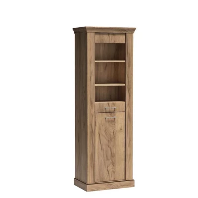 Schmale Vitrine AILISH – Kraftpapier, goldene Eiche