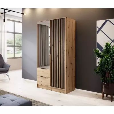 Zweitüriger Kleiderschrank mit Spiegel MARFA – Breite 105 cm, Eiche handwerklich / schwarz
