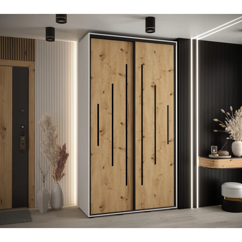 Kleiderschrank ASIRI 12 - 140/60 cm, weiß / Eiche handwerklich / schwarz
