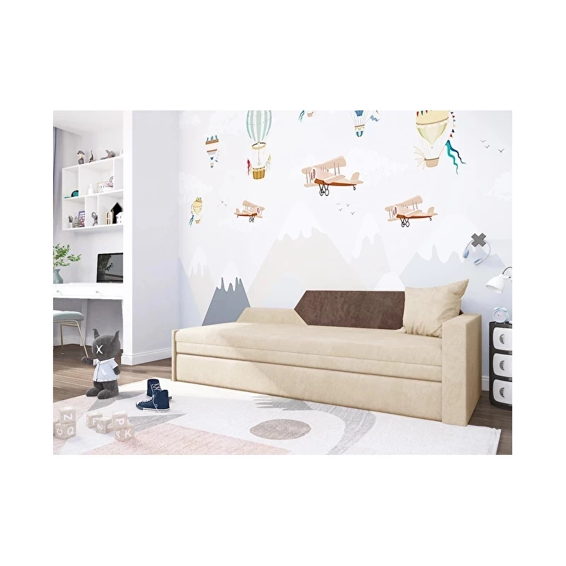 Schlafsofa mit Stauraum BUFFY – creme/braun, rechte Rückenlehne