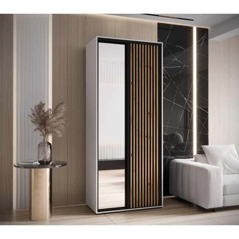 Kleiderschrank FIDELIA 2 – 110/60 cm, weiß/schwarz/Eiche handwerklich