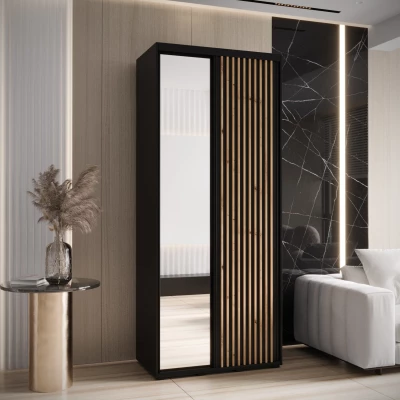 Kleiderschrank FIDELIA 2 – 110/60 cm, schwarz/schwarz/Eiche handwerklich