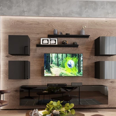 Moderne Wohnzimmerwand BRADT 74 - schwarz / schwarz glänzend