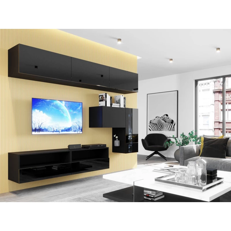 Wohnzimmerwand BRADT 72 - schwarz / schwarz glänzend