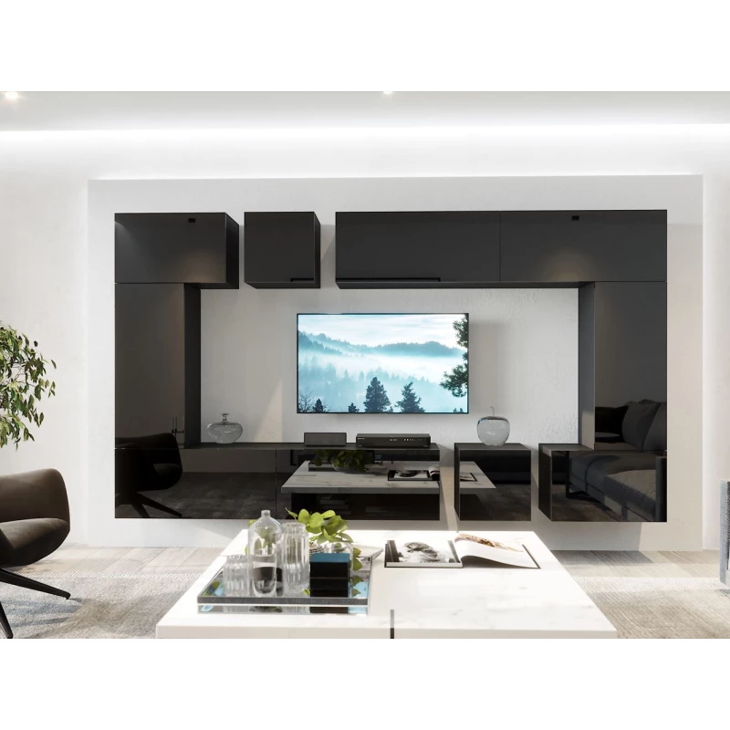 Moderne Wohnzimmerwand BRADT 71 – schwarz / schwarz glänzend