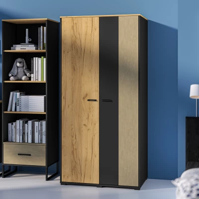 Zweitüriger Kleiderschrank 92 SABEL – Schwarz / Eiche Gold