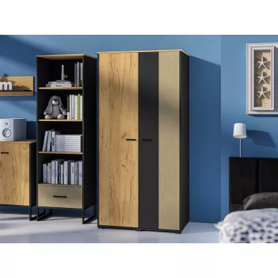 Zweitüriger Kleiderschrank 92 SABEL – Schwarz / Eiche Gold