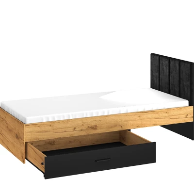 Einzelbett 90x200 SABEL mit Stauraum - Schwarz / Eiche Gold