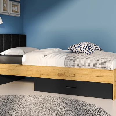 Einzelbett 90x200 SABEL mit Stauraum - Schwarz / Eiche Gold