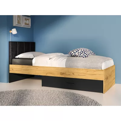 Einzelbett 90x200 SABEL mit Stauraum - Schwarz / Eiche Gold