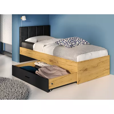 Einzelbett 90x200 SABEL mit Stauraum - Schwarz / Eiche Gold