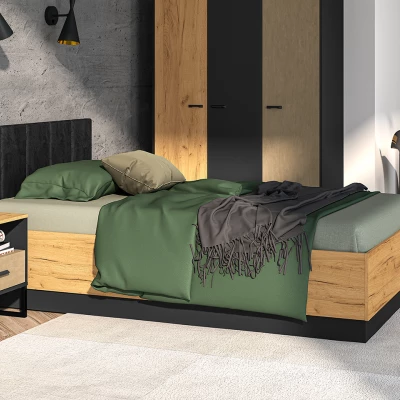 Einzelbett 120x200 SABEL mit Stauraum - Schwarz / Eiche Gold