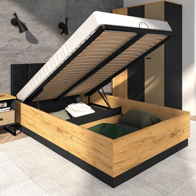 Einzelbett 120x200 SABEL mit Stauraum - Schwarz / Eiche Gold