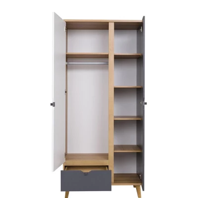 Zweitüriger Kleiderschrank 90 cm LARNAKA - goldene Eiche / weiß / graphit