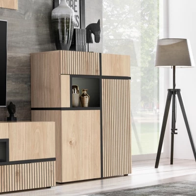 Zweitüriger Schrank mit Schubladen CELINE - Hickory Jackson / Schwarz