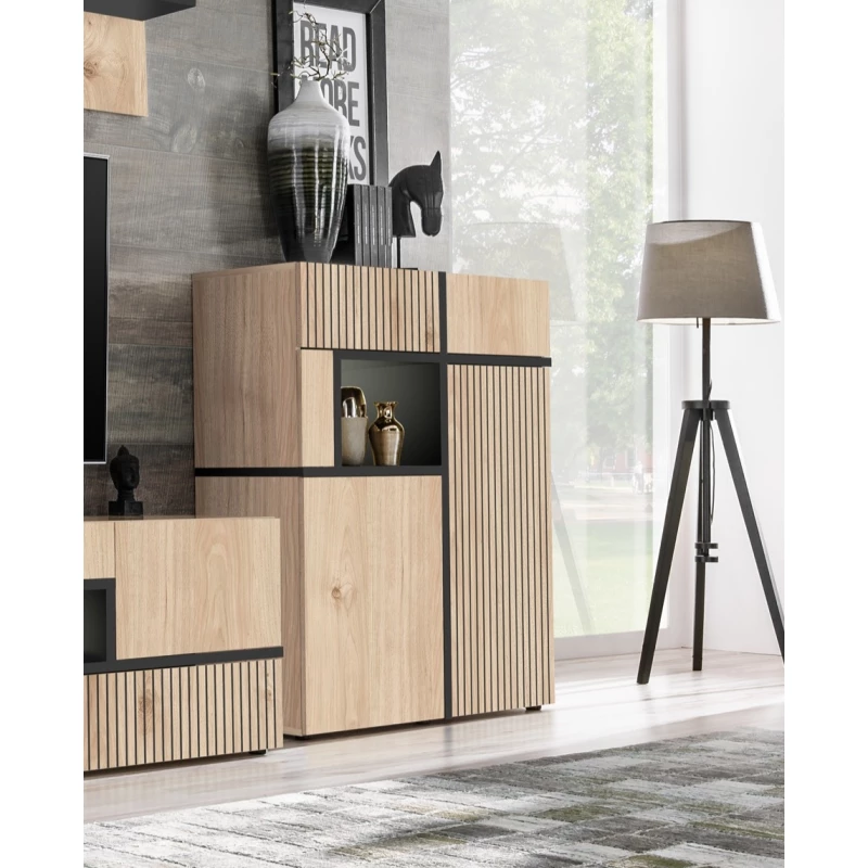 Zweitüriger Schrank mit Schubladen CELINE - Hickory Jackson / Schwarz