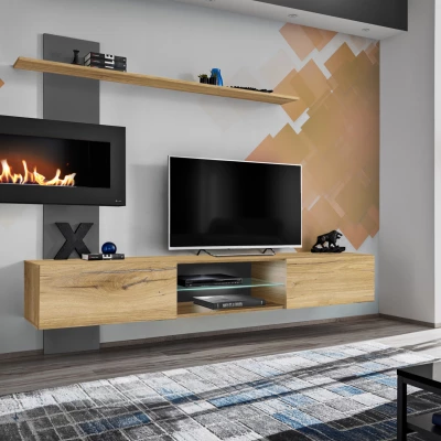 Wohnzimmerwand mit Bio-Kamin AINA – Anthrazit/Eiche