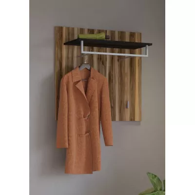 Wandpaneel mit Kleiderbügeln und Ablage LEONOR - Satin Walnuss / Touchwood