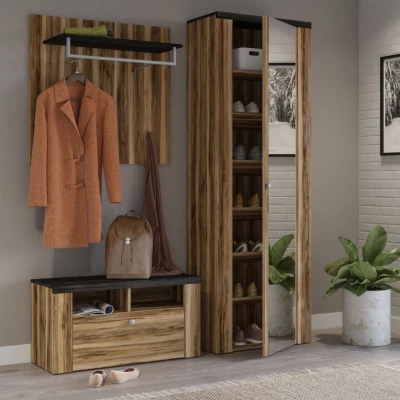 Wandpaneel mit Kleiderbügeln und Ablage LEONOR - Satin Walnuss / Touchwood