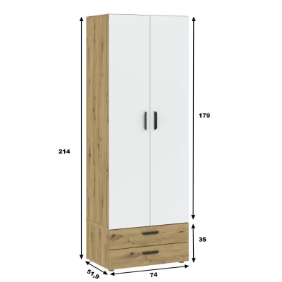 Zweitüriger Kleiderschrank 74 cm mit Schubladen RICHLAND – Eiche, handgefertigt