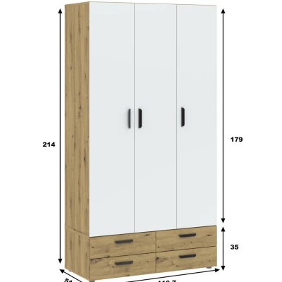 Dreitüriger Kleiderschrank 111 cm mit Schubladen RICHLAND – Eiche, handgefertigt