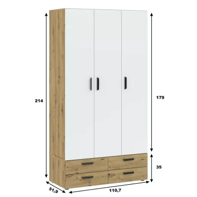 Dreitüriger Kleiderschrank 111 cm mit Schubladen RICHLAND – Eiche, handgefertigt