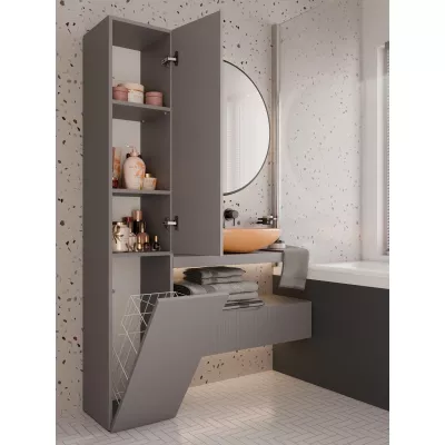 Schmaler Badezimmerschrank 31 cm mit Wäschekorb ATSO - grau