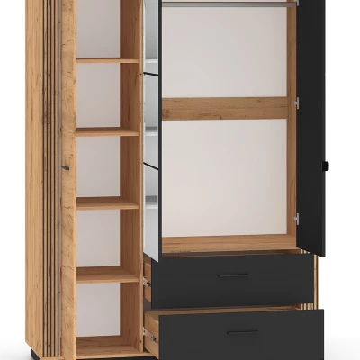 Dreitüriger Kleiderschrank 150 cm MING - Eichenholz Gold/Schwarz